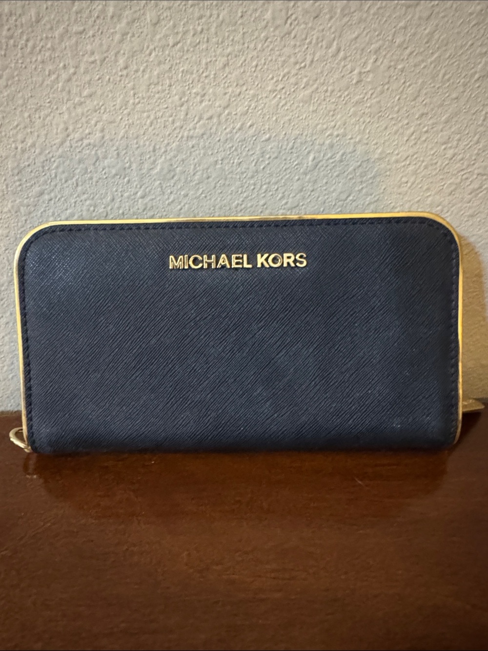 Michael Kors Navy Zip-Around Wallet with Gold Logo